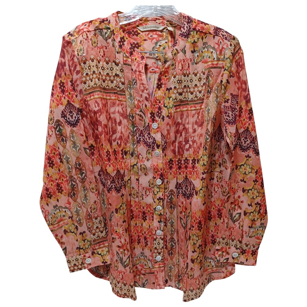Soft Surroundings Womens PL Baroque Pleated Coral Floral Tunic Top Boho Hippie